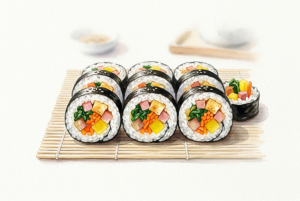 JPG 음식 일러스트 재료 한국 요리 계란 쌀 김밥 햄 나물 단무지 AI일러스트 아시아 채소 곡류 육류 알 파일형식 AI콘텐츠 나라 식재료