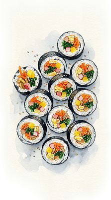JPG 한식 음식 채소 일러스트 요리 식사 전통음식 김밥 햄 단무지 참깨 AI일러스트 전통 육류 깨 파일형식 AI콘텐츠 식재료 조미료 향미료 양념