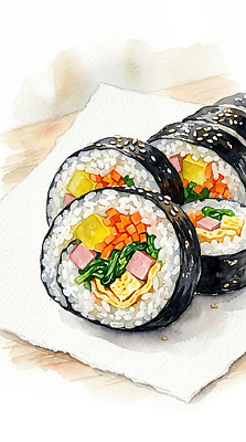 JPG 음식 채소 일러스트 재료 밥 한국 요리 계란 당근 김밥 맛있는 AI일러스트 아시아 뿌리채소 알 파일형식 AI콘텐츠 나라