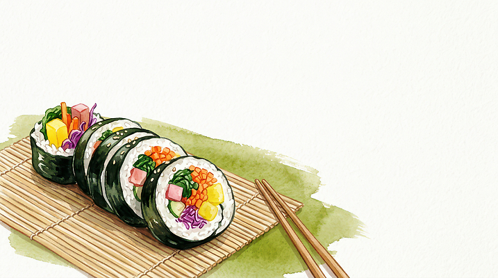 JPG 한식 음식 채소 일러스트 밥 요리 전통음식 맛 김밥 AI일러스트 전통 컨셉 파일형식 AI콘텐츠