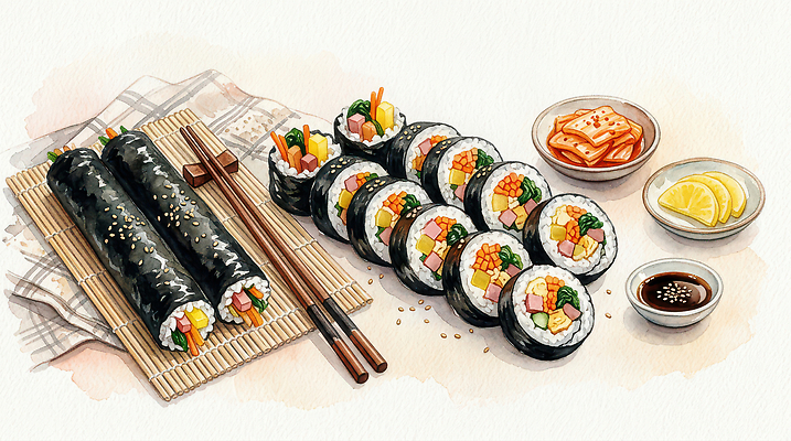 JPG 한식 음식 채소 일러스트 젓가락 밥 반찬 맛 김 김밥 간장 밥요리 AI일러스트 컨셉 수저 양념 해조류 파일형식 AI콘텐츠 식기 해양식물 수중식물 식물