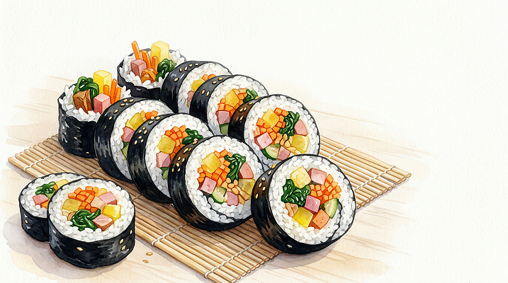 JPG 한식 음식 조각 채소 일러스트 밥 요리 식사 해조류 김밥 AI일러스트 해양식물 파일형식 AI콘텐츠 수중식물 식물