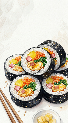 JPG 한식 음식 채소 일러스트 한국 요리 계란 당근 맛 김 김밥 AI일러스트 아시아 컨셉 뿌리채소 알 해조류 파일형식 AI콘텐츠 나라 해양식물 수중식물 식물