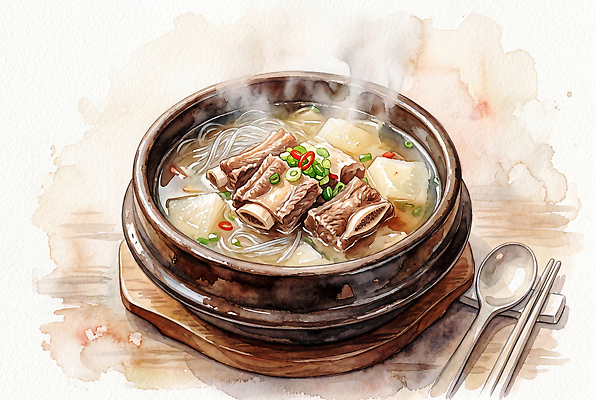 JPG 일러스트 재료 한국 육류 요리 식사 전통음식 면류 뜨거움 국 국물 갈비탕 대파 한그릇 AI일러스트 1 전통 아시아 한식 음식 식재료 탕 파 파일형식 AI콘텐츠 나라 채소