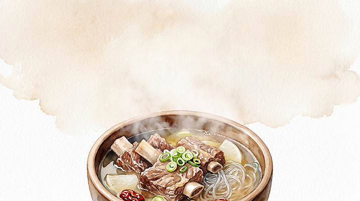 JPG 전통 그릇 음식 일러스트 재료 한국 육류 요리 소고기 면류 뜨거움 맛 국수 국물 갈비탕 육수 AI일러스트 식기 아시아 한식 컨셉 식재료 탕 파일형식 AI콘텐츠 나라