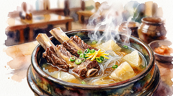 JPG 전통 식기 한식 음식 일러스트 탁자 요리 식당 식사 면류 맛 수증기 갈비 국물 갈비탕 대파 AI일러스트 가구 컨셉 육류 상점 탕 파 파일형식 AI콘텐츠 생활용품 채소 식재료 오브젝트