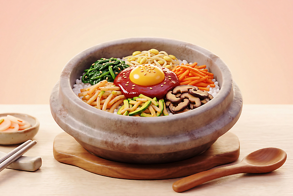 JPG 편집이미지 한식 채소 재료 젓가락 밥 한국 요리 숟가락 식사 전통음식 고추장 비빔밥 돌솥 건강식 이미지편집 AI컴퓨터그래픽 AI콘텐츠 전통 아시아 음식 수저 양념 파일형식 식기 나라