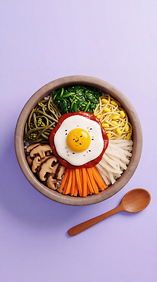 JPG 편집이미지 그릇 한식 음식 채소 재료 한국 요리 계란 전통음식 고명 비빔밥 나무숟가락 건강식 이미지편집 AI컴퓨터그래픽 AI콘텐츠 전통 식기 아시아 알 숟가락 파일형식 나라 수저