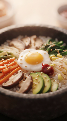 JPG 편집이미지 한식 음식 채소 재료 한국 요리 계란 버섯 당근 전통음식 맛 비빔밥 콩나물 돌솥 이미지편집 AI컴퓨터그래픽 AI콘텐츠 전통 아시아 컨셉 뿌리채소 알 나물 파일형식 나라