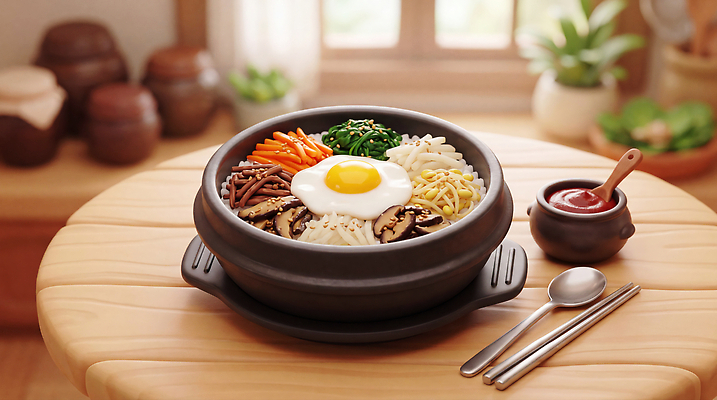 JPG 식물 편집이미지 그릇 한식 음식 채소 재료 한국 요리 계란 전통음식 비빔밥 나무탁자 이미지편집 AI컴퓨터그래픽 AI콘텐츠 전통 식기 아시아 탁자 알 파일형식 나라 가구 생활용품 오브젝트