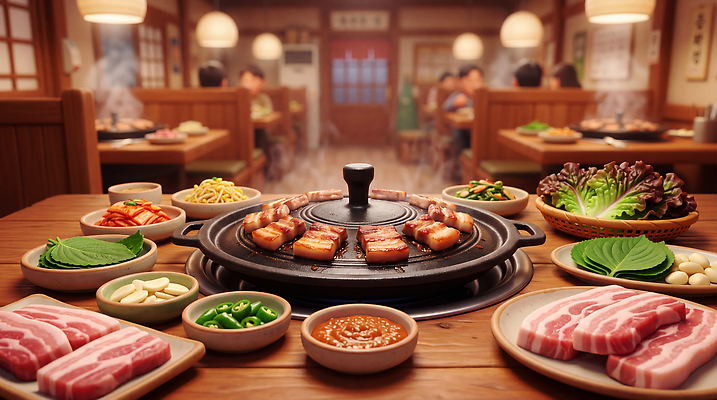 JPG 편집이미지 한식 음식 채소 반찬 육류 요리 식당 식사 소스 구이 삼겹살 이미지편집 AI컴퓨터그래픽 AI콘텐츠 식재료 돼지고기 상점 양념 파일형식