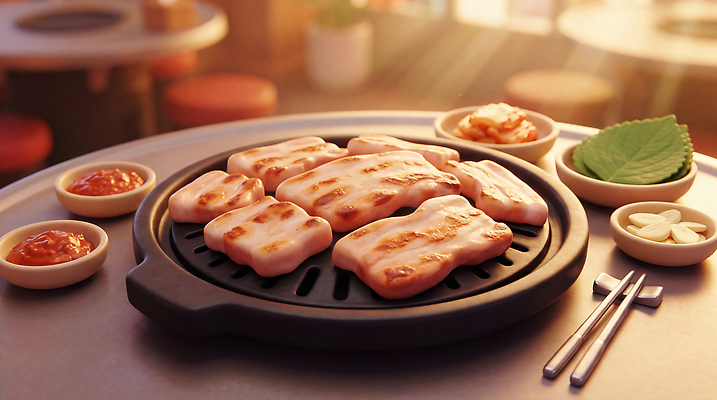 JPG 편집이미지 한식 음식 반찬 요리 식당 식사 맛 그릴 삼겹살 이미지편집 AI컴퓨터그래픽 AI콘텐츠 컨셉 주방용품 돼지고기 상점 파일형식 생활용품 육류 식재료 오브젝트