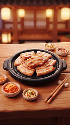 JPG 편집이미지 전통 한식 음식 반찬 육류 요리 식당 구이 삼겹살 이미지편집 AI컴퓨터그래픽 AI콘텐츠 식재료 돼지고기 상점 파일형식