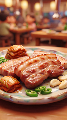 JPG 편집이미지 한식 음식 반찬 김치 마늘 육류 요리 식당 식사 맛 삼겹살 이미지편집 AI컴퓨터그래픽 AI콘텐츠 컨셉 채소 식재료 돼지고기 상점 파일형식