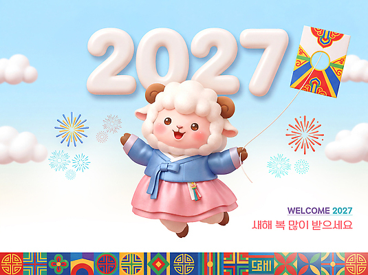 PSD 편집이미지 캐릭터 문화 무늬 하늘 새해 한국 축하 양 풍선 2027년 이미지편집 아시아 컨셉 포유류 연도 파일형식 동물 나라