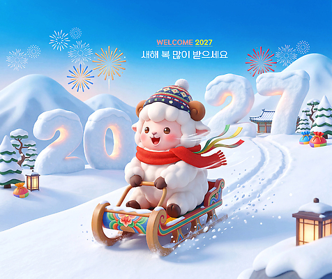 PSD 나무 편집이미지 행복 겨울 새해 산 풍경 빛 등불 눈 축하 양 썰매 놀기 2027년 이미지편집 식물 계절 감정 컨셉 포유류 모션 조명 연도 파일형식 동물