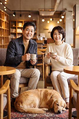 JPG 동물 편집이미지 부부 반려견 커피 가족 휴식 웃음 사람 일상 카페 가을 개 편안함 즐거움 의료성형뷰티 편집실사 AI인물포토 AI콘텐츠 커플 계절 감정 음료 컨셉 포유류 관계 표정 라이프 반려동물 상점 감각 CG 파일형식 AI포토 생활