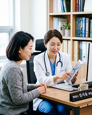 JPG 편집이미지 의학 친절 건강 치료 태블릿 진료 환자 의사 정보 상담 진료실 의료성형뷰티 편집실사 AI인물포토 AI콘텐츠 병원 전자제품 스마트기기 의료진 CG 파일형식 AI포토 직업