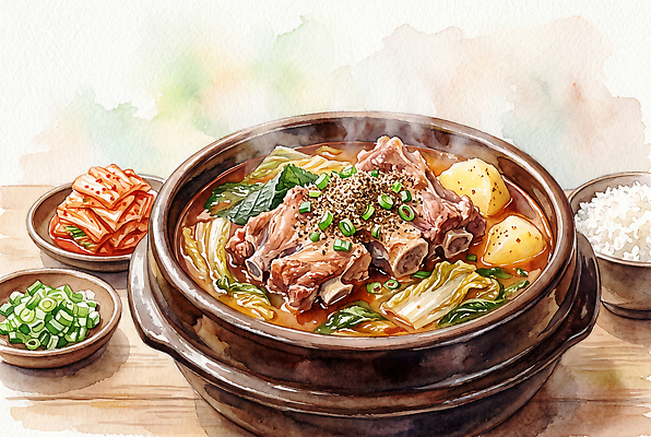 JPG 한식 채소 일러스트 식탁 양파 김치 감자 저녁식사 소고기 찌개 국물 부추 쌀밥 갈비탕 건강식 감자탕 AI일러스트 음식 탁자 밥 육류 식사 탕 파일형식 AI콘텐츠 가구 식재료 생활용품 오브젝트