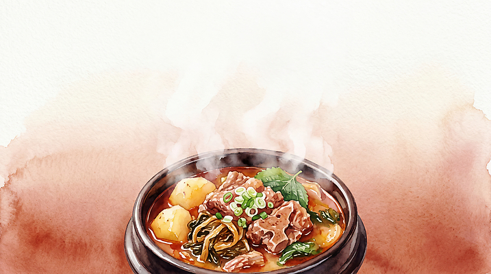 JPG 그릇 한식 채소 일러스트 재료 육류 요리 주방 식사 전통음식 연기 저녁 된장찌개 국물 점심 감자탕 요리방법 AI일러스트 전통 식기 음식 식재료 밤 야간 찌개 방법 파일형식 AI콘텐츠 자연요소