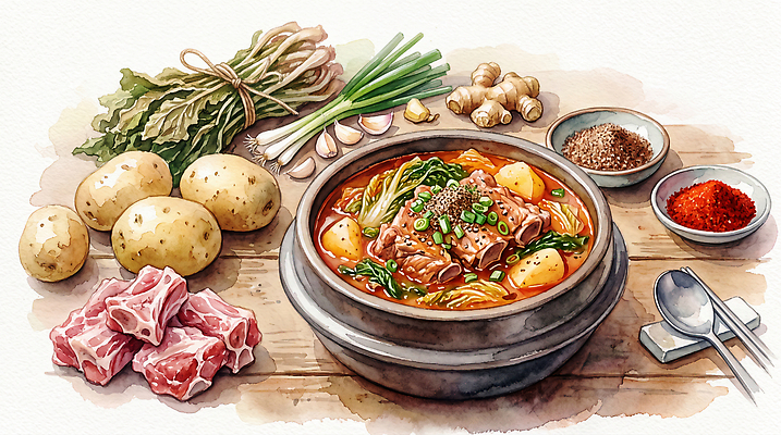 JPG 전통 한식 채소 일러스트 식재료 재료 식탁 감자 육류 요리 식사 신선 양념 맛 찌개 국물 건강식 감자탕 고춧가루 다진마늘 AI일러스트 음식 컨셉 탁자 가루 파일형식 AI콘텐츠 가구 생활용품 오브젝트