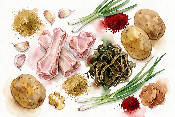 JPG 음식 일러스트 재료 자연 식탁 주택 감자 건강 마늘 요리 식사 맛 향신료 준비 파 생강 미역 감자탕 고춧가루 AI일러스트 컨셉 채소 탁자 건물 해조류 가루 생태계 향미료 파일형식 AI콘텐츠 건축물 가구 양념 해양식물 건축 생활용품 수중식물 식물 오브젝트