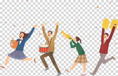편집이미지 학생 문화 악기 음악 학교 웃음 친구 축제 무대 그룹 즐거움 드럼 트럼펫 PNG 리듬 행진 교육 감정 관계 모션 문화예술 타악기 표정 금관악기 파일형식 관악기