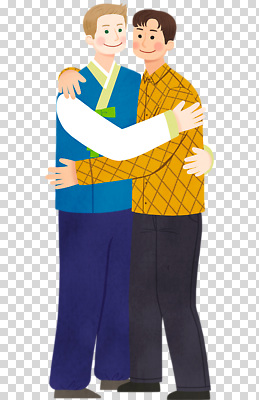 편집이미지 옷 남자 행복 문화 관계 포옹 웃음 사람 친구 전통의상 그림 체크무늬 PNG 전통 감정 무늬 안기 표정 파일형식 모션