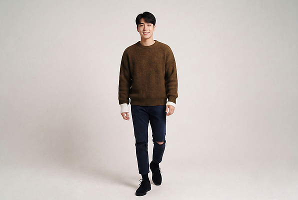 JPG 편집이미지 패션 남자 스튜디오 실내 미소 캐주얼 걷기 니트 가을옷 의료성형뷰티 스타일 편집실사 AI인물포토 AI콘텐츠 옷 상의 모션 표정 사람 내부 가을 CG 파일형식 AI포토 계절