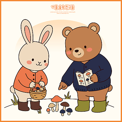 모양 식물 동물 일러스트 곰 자연 책 친구 바구니 버섯 탐험 가을 토끼 숲속 숲 수집 즐거움 국내일러스트 AI파일 계절 감정 포유류 관계 반려동물 생태계 파일형식 벡터