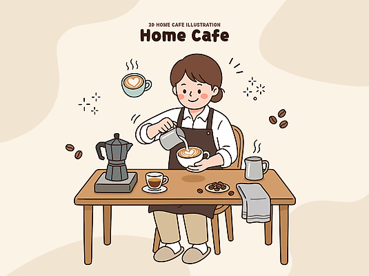 커피 음료 일러스트 탁자 아침 사람 일상 컵 주방 원두 작업 커피잔 바리스타 홈카페 국내일러스트 AI파일 주간 직업 식기 가구 잔 라이프 카페 파일형식 벡터 자연요소 생활용품 생활 상점 오브젝트