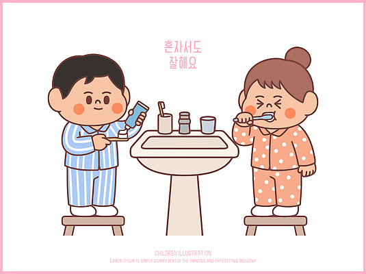 어린이 일러스트 가족 아침 함께함 건강 웃음 소녀 소년 일상 잠옷 양치 치아 위생 칫솔 저녁 세면대 치약 혼자 일러캐릭터 AI파일 주간 캐릭터 옷 여자 남자 컨셉 관계 표정 사람 라이프 위생용품 청결 소화기관 밤 야간 파일형식 벡터 자연요소 생활용품 생활 장기 신체 오브젝트