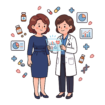 여자 일러스트 그래프 건강 병원 대화 치료 약 진료 환자 의사 결과 검사 방문 갱년기 의사소통 국내일러스트 AI파일 컨셉 의학 말하기 사람 의료진 증상 파일형식 벡터 직업 모션