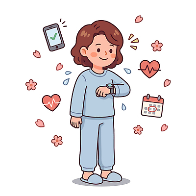 여자 꽃 일러스트 건강 관리 경고 생활 운동 헬스 자료 기록 수면 어플리케이션 맥박 계획 갱년기 체크리스트 스마트워치 국내일러스트 AI파일 식물 컨셉 의학 사람 스마트기기 증상 웨어러블 파일형식 벡터 전자제품