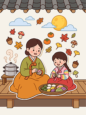 나무 전통 여자 명절 딸 음식 단풍 과일 일러스트 엄마 한국 요리 미소 빛 추석 버섯 보름달 한복 송편 송편빚기 풍요 국내일러스트 AI파일 식물 한국전통 기념일 아시아 컨셉 잎 가족 떡 표정 사람 달 전통의상 요리중 파일형식 벡터 자연요소 나라 관계 모션 이벤트