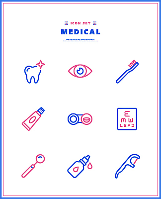선 분홍색 일러스트 의학 치과 파란색 세트 약 도구 눈 치아 칫솔 오브젝트 치약 치실 콘택트렌즈 국내일러스트 AI파일 컬러 병원 위생용품 소화기관 파일형식 벡터 생활용품 장기 신체