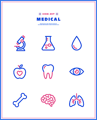 선 분홍색 과학 일러스트 의학 뼈 건강 실험기구 파란색 세트 도구 눈 혈액 허파 치아 사과 오브젝트 뇌 생물학 국내일러스트 AI파일 교육 컬러 과일 소화기관 호흡기관 파일형식 벡터 장기 신체