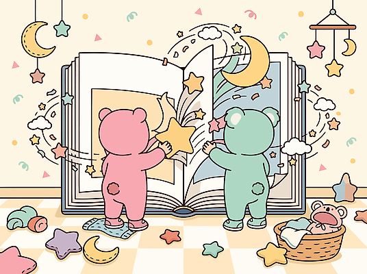 별 어린이 일러스트 곰 상상 동화 이야기 장식 책 장난감 귀여움 방 달 아기 즐거움 그림 페이지 국내일러스트 AI파일 자연요소 동물 감정 컨셉 포유류 사람 파일형식 벡터