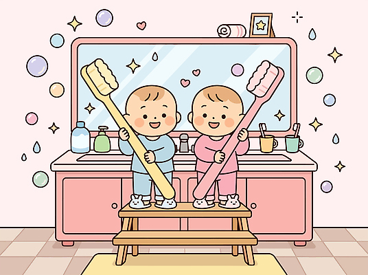 어린이 일러스트 웃음 장난감 귀여움 거울 욕실 칫솔 쌍둥이 세면대 비누 국내일러스트 AI파일 컨셉 가족 표정 사람 위생용품 파일형식 벡터 생활용품 관계 오브젝트