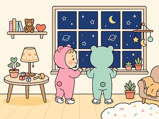 식물 별 어린이 인형 일러스트 창문 탁자 하늘 조명 장식 장난감 귀여움 방 달 아기 밤 쌍둥이 국내일러스트 AI파일 자연요소 가구 컨셉 가족 사람 파일형식 벡터 생활용품 관계 오브젝트