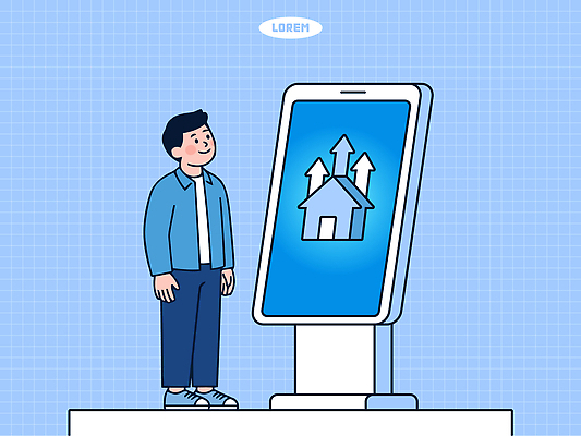 남자 화살표 일러스트 주택 청년 스마트폰 스크린 청년주택 국내일러스트 AI파일 사람 성인 건물 핸드폰 스마트기기 파일형식 벡터 청년주거지원사업 건축물 전자제품 건축