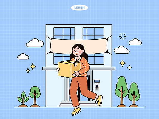 나무 여자 행복 일러스트 표정 웃음 사람 청년 건물 상자 걷기 이삿짐 청년주택 국내일러스트 AI파일 식물 건축물 감정 모션 성인 이사 파일형식 벡터 청년주거지원사업 건축