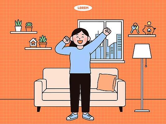 행복 거실 일러스트 창문 아침 선반 주택 실내 사람 청년 장식 소파 기쁨 방 도시 청년주택 국내일러스트 AI파일 주간 감정 가구 의자 성인 내부 건물 파일형식 벡터 청년주거지원사업 자연요소 건축물 생활용품 건축 오브젝트