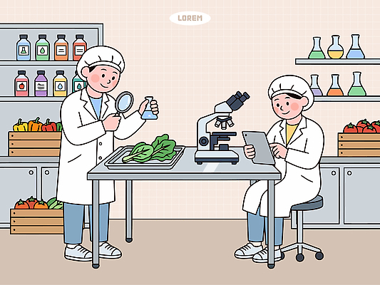 여자 남자 음식 채소 일러스트 건강 현미경 실험 안전 견본 자료 기계 도구 실험실 과학자 분석 검사 국내일러스트 AI파일 직업 과학 컨셉 실험기구 사람 학자 파일형식 벡터