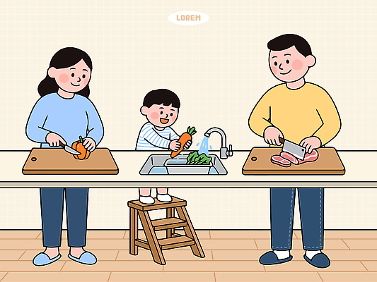 손 어린이 채소 일러스트 재료 가족 함께함 요리 일상 물 부모 주방 식사 당근 칼 씻기 싱크대 준비 발판 국내일러스트 AI파일 자연요소 컨셉 관계 뿌리채소 사람 라이프 신체부위 청결 개수대 파일형식 벡터 생활 위생