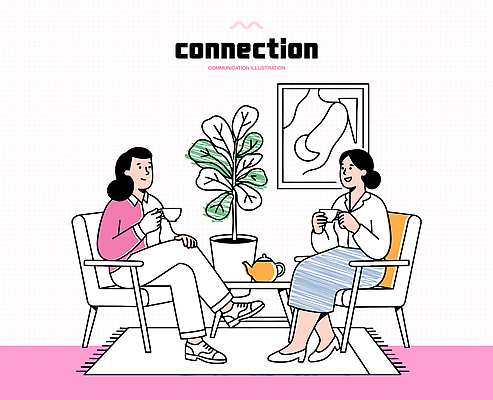 식물 여자 화분 음료 일러스트 관계 따뜻함 이야기 대화 친구 소파 만남 연결 편안함 소통 친목 국내일러스트 AI파일 컨셉 의자 말하기 사람 감각 파일형식 벡터 가구 모션 생활용품 오브젝트
