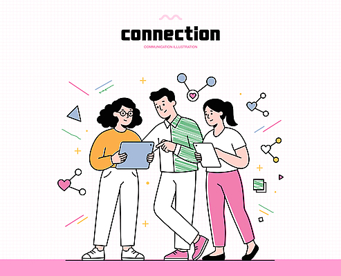 여자 남자 일러스트 친구 태블릿 정보 연결 온라인 의견 교류 소통 국내일러스트 AI파일 컨셉 관계 사람 전자제품 스마트기기 파일형식 벡터