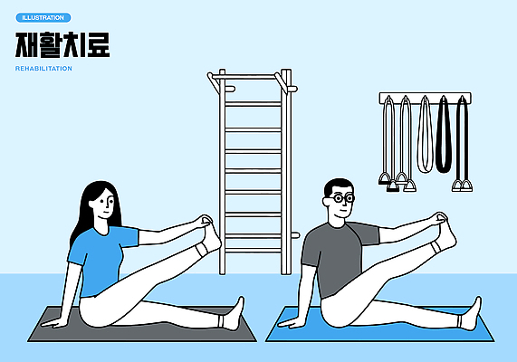 여자 남자 일러스트 수업 건강 사람 두명 치료 운동 운동기구 스트레칭 다리 팔 재활 국내일러스트 AI파일 교육 의학 신체부위 헬스 파일형식 벡터
