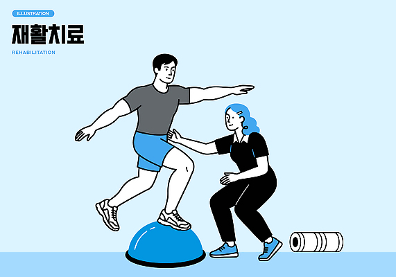 여자 남자 일러스트 실내 건강 치료 운동 운동기구 힘 다리 전문직 균형 연습 재활 치료사 국내일러스트 AI파일 직업 의학 사람 내부 헬스 파일형식 벡터