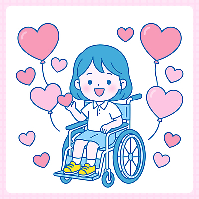 어린이 일러스트 사랑 웃음 소녀 희망 기쁨 하트 휠체어 풍선 장애 국내일러스트 AI파일 모양 여자 감정 표정 사람 파일형식 벡터